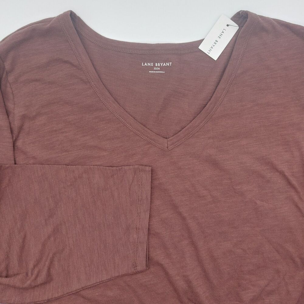 NEW Lane Bryant V-Neck T Shirt Ruched Sides Size 22/24 Brown L/S Minimalist